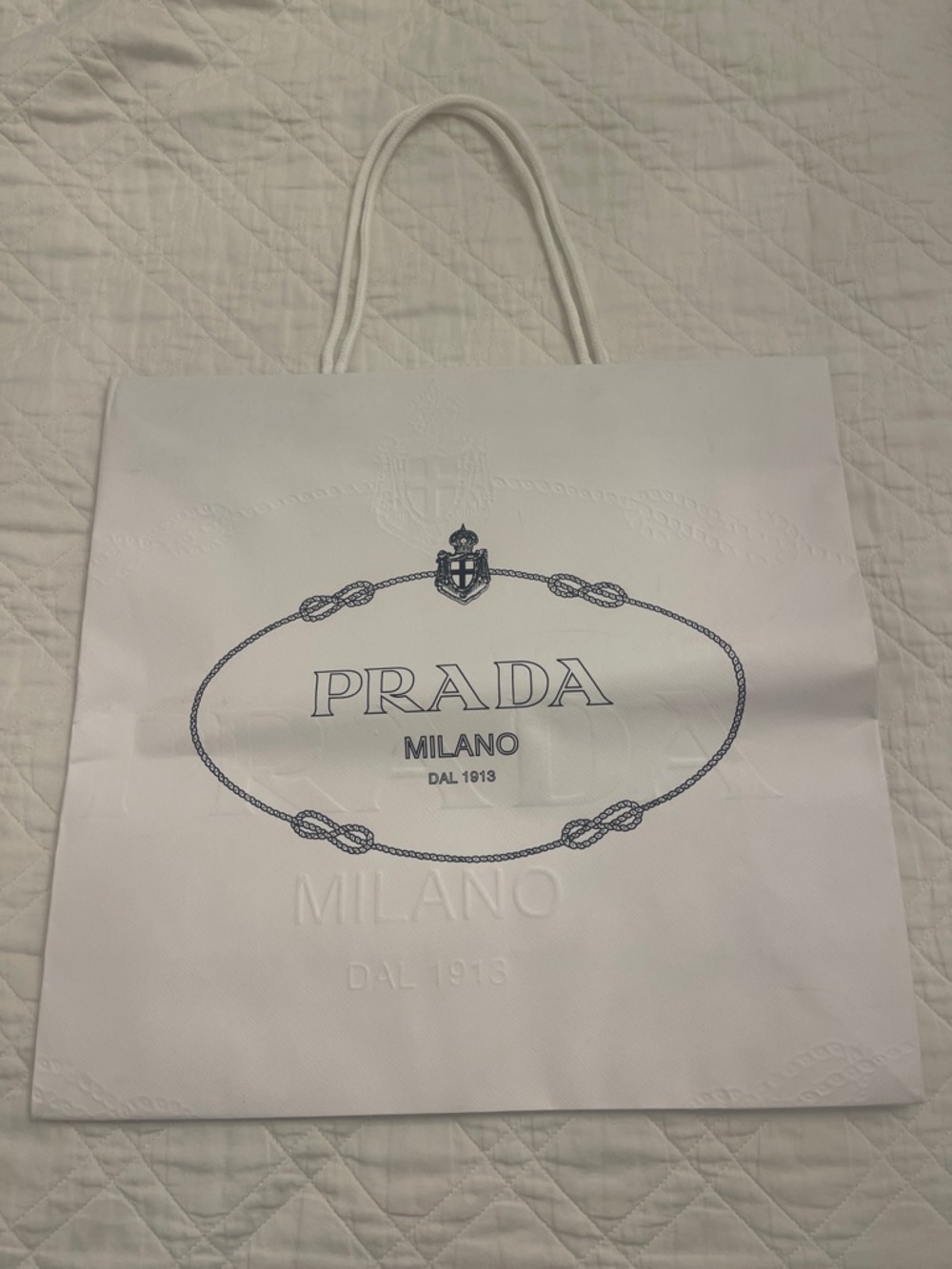 Prada White Shopping Tote with Navy Logo